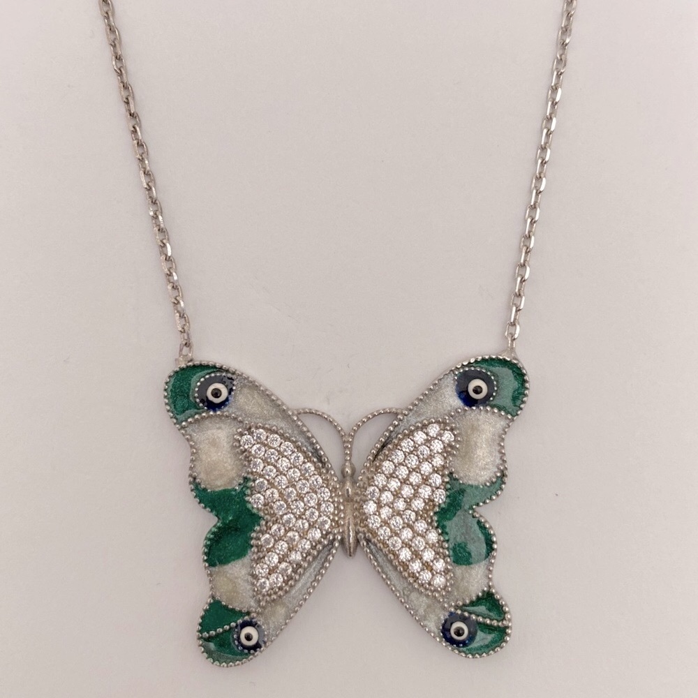 Green butterfly 925 silver evil eye eyes necklace handmade enamel cz stones - Picture 1 of 4